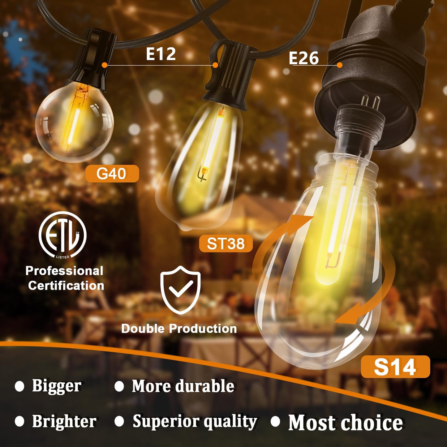107ft Festoon Lights Outdoor, 32 led Dimmable Bulbs, IP65 Waterproof Commercial Grade Outdoor String Lights for Garden, E26 Socket, 2200k