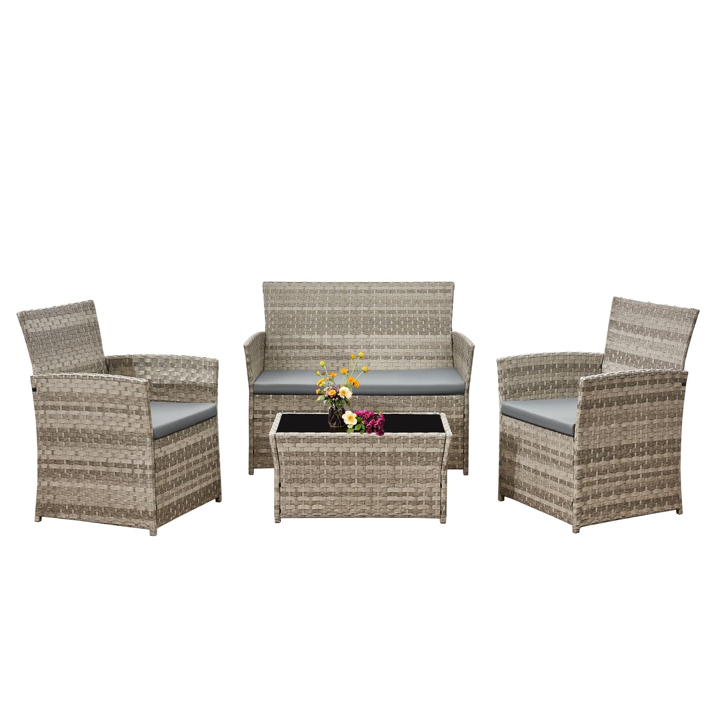 Aweather Rattan Garden Furniture Set Patio Conservatory Balcony Indoor Outdoor 4 Seater Piece Glass Top Coffee Table Modular Sofa Loveseat with Cushions