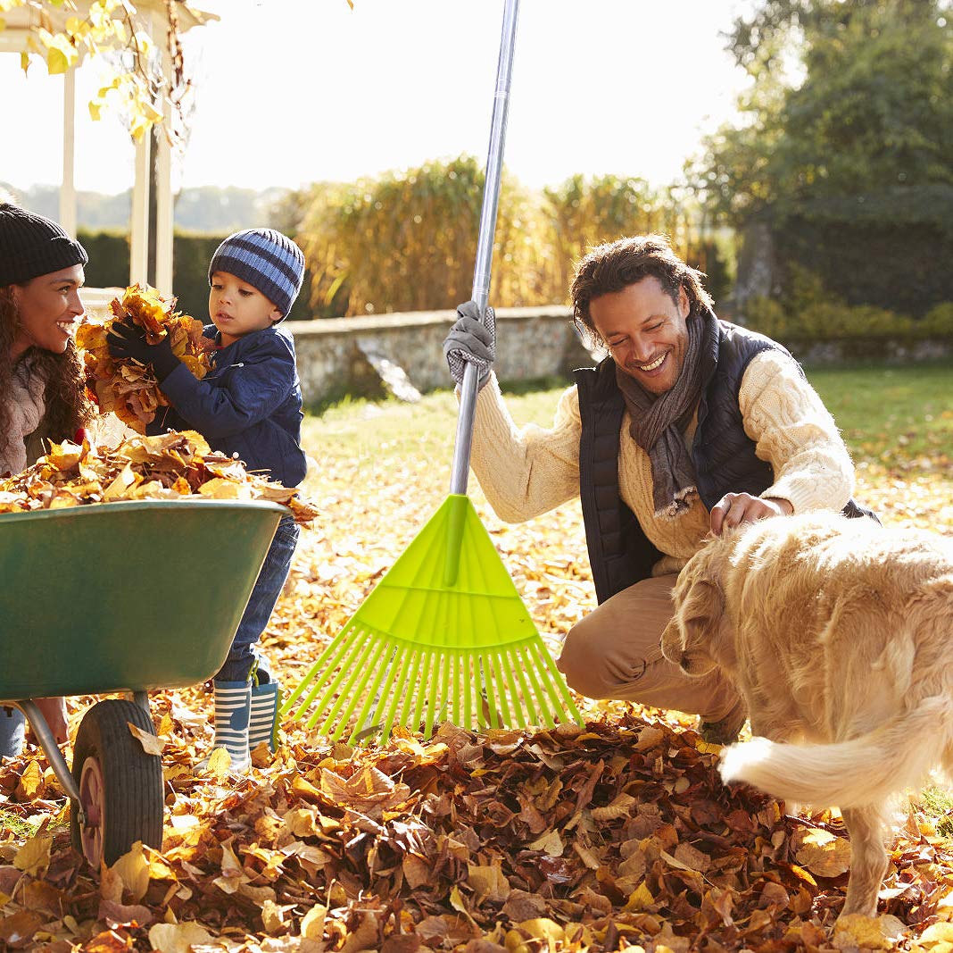 Colwelt Plastic Leaf Rakes, Garden Lawn Rake with 142cm Lightweight Stainless Steel Handle, Include 22Tines Plastic Head & Garden Gloves, Garden Rake Leaf to Collect Loose Debris