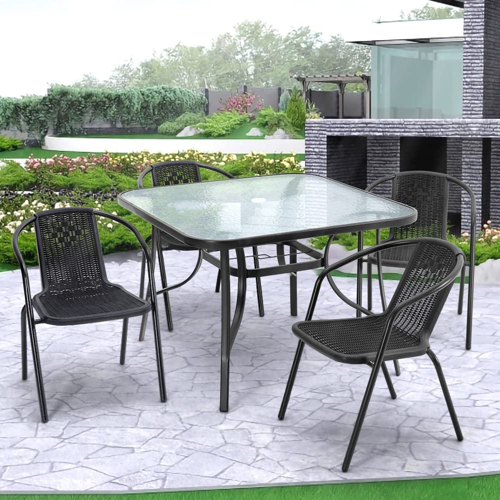 DKIEI 105cm Square Black Outdoor Table with Umbrella Hole, Modern Glass Top for Garden, Patio, Balcony, Backyard