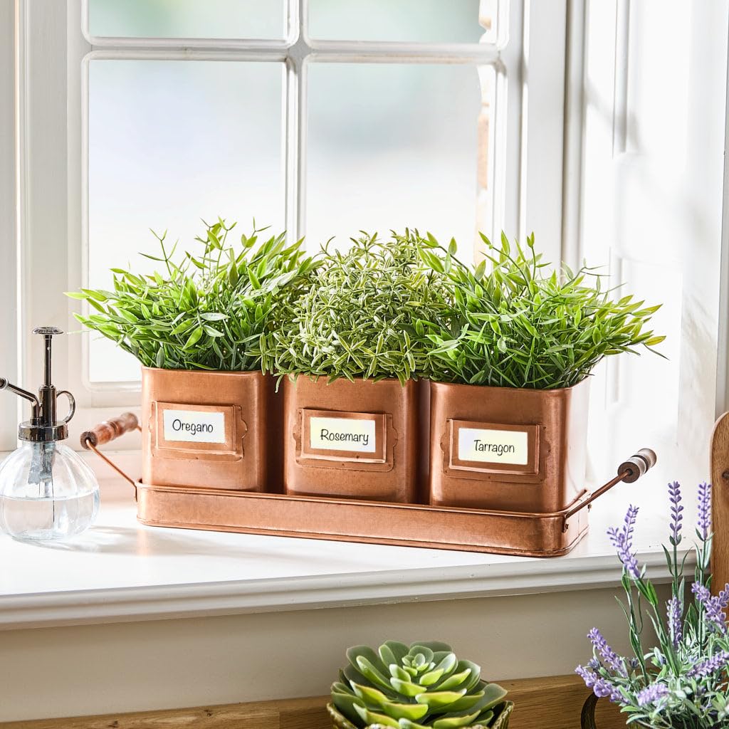 Dibor Indoor Herb Planters on Tray Set of 3 Rustic Copper Metal Kitchen Windowsill Plant Pots Spring Easter Gardening Gift