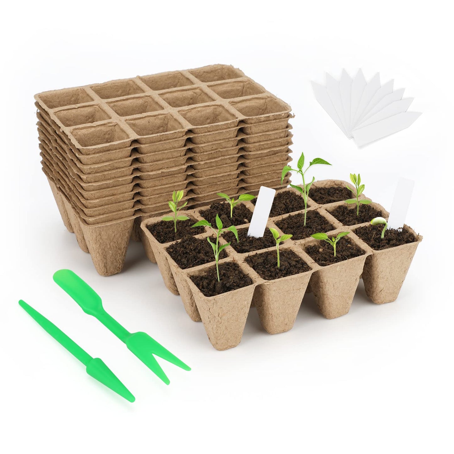 KINGLAKE 20 Pack 240 Cells Seed Trays Seedling Pots Biodegradable Plant Pots Fibre Seed Pots, Plant Germination Module Trays Kits with 100 Plant Labels, Transplanting Widger and Dibber
