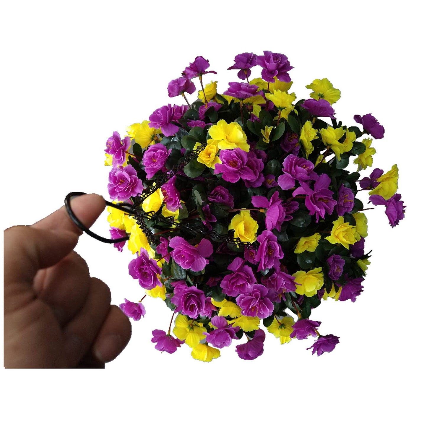Indoors And Outdoors Decoration Artificial Big Azaleas Yellow And Purple Silk Flowers Plant Cute DIY Chain Hanging Basket With Flower Pot (Big Basket)