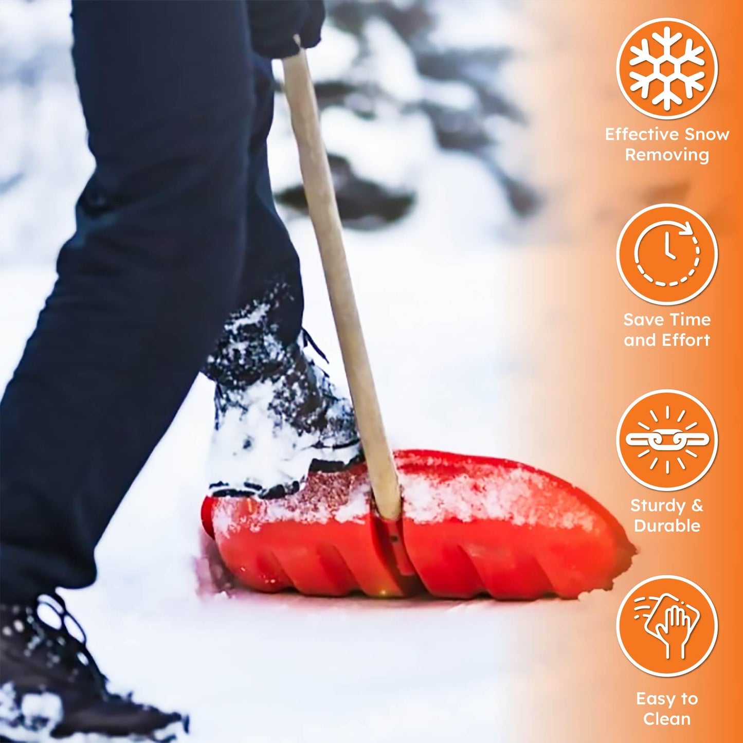 EarlyGrow 42.5cm Heavy-Duty Wide Snow Shovel Plastic Head Pusher 120cm Long Wooden Handle and D Handle Multipurpose Plastic Shovel for Snow, Waste, Leaves and Garden Debris