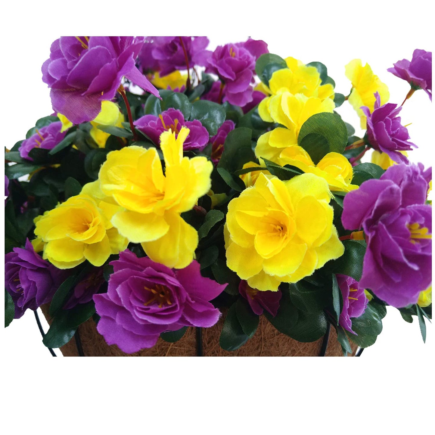 Indoors And Outdoors Decoration Artificial Big Azaleas Yellow And Purple Silk Flowers Plant Cute DIY Chain Hanging Basket With Flower Pot (Big Basket)