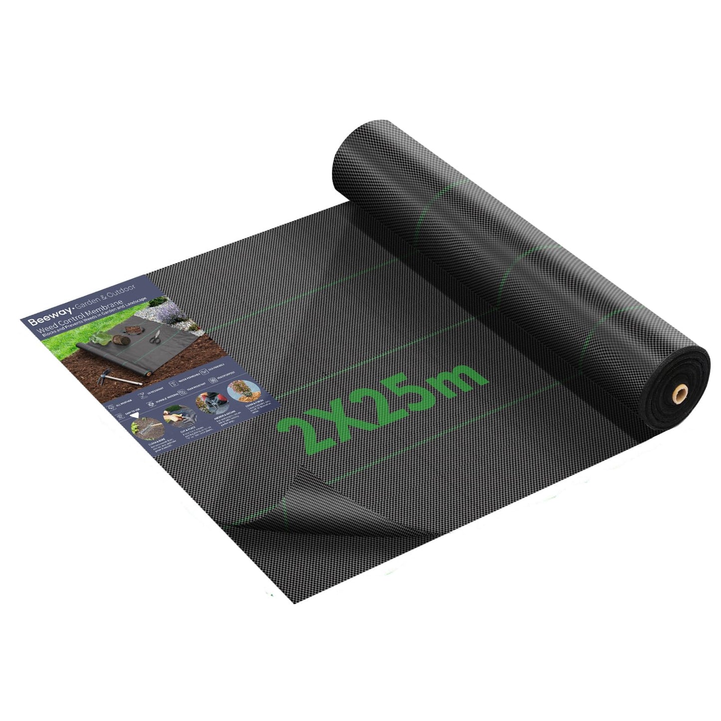 BEEWAY Weed Control Membrane 2m x 25m/Roll, Heavy Duty Weed Control Fabric 90gsm, UV Stabilised Weed Barrier Fabric/Ground Cover for Patios Garden Flower Beds Landscaping Artificial Grass