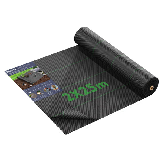 BEEWAY Weed Control Membrane 2m x 25m/Roll, Heavy Duty Weed Control Fabric 90gsm, UV Stabilised Weed Barrier Fabric/Ground Cover for Patios Garden Flower Beds Landscaping Artificial Grass