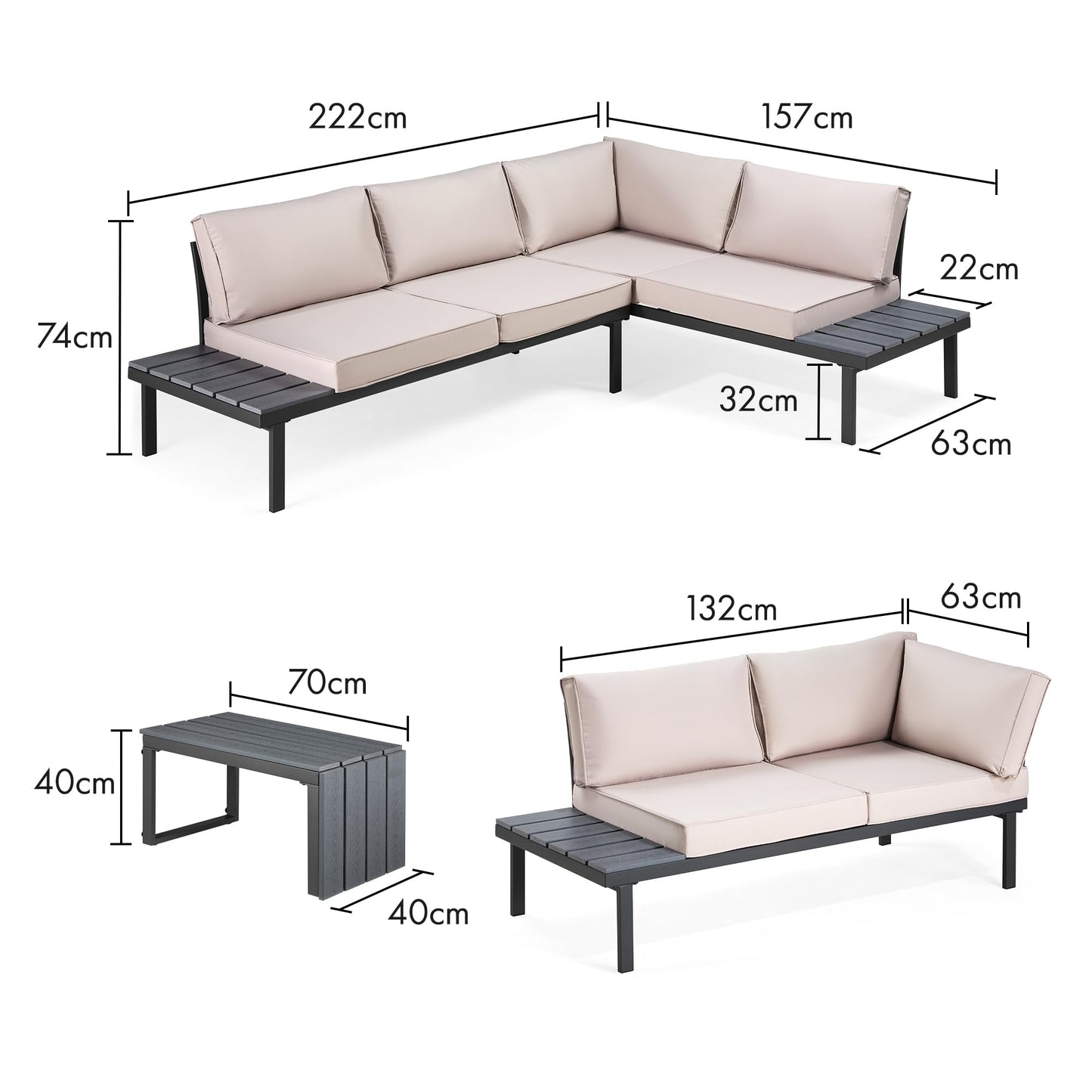 VonHaus Garden Furniture Set - Modular Outdoor Sofa with Coffee Table - 3 in 1 Multi-Use Patio Lounge Set with Daybed & Lounger Configurations - Steel Frame with Padded Cushions - Aruba Grey