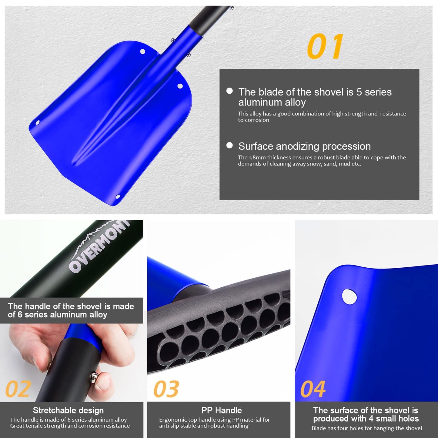 Overmont Retractable Snow Shovel with Ice Scraper Aluminum Lightweight Utility Portable Collapsible Shovel Mud for Car, Camping, and Garden Blue