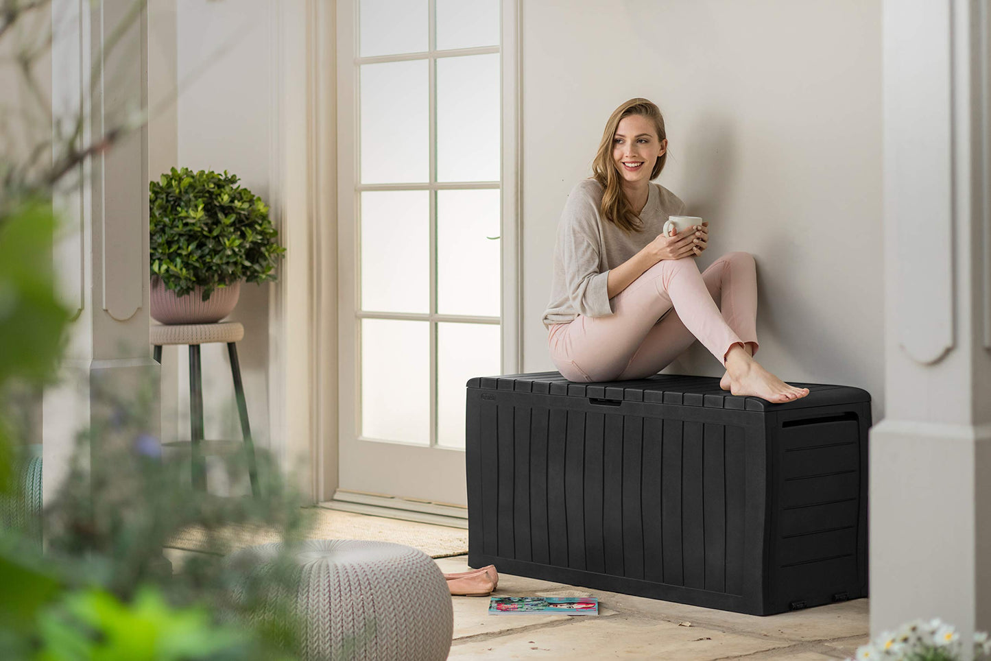 Keter Marvel- 270L Outdoor 65% recycled Garden Furniture Storage Box Graphite Wood Panel Effect | Fade Free | All Weather Resistant | Safe and Secure | Zero Maintenance | 2 year Warranty