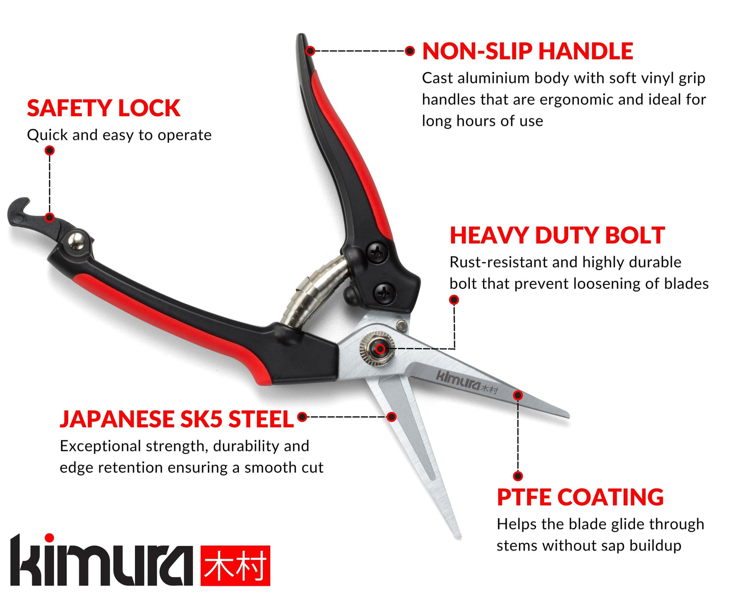 Kimura® 8" Pro Pruning Scissors, Premium Japanese SK5 Hi-Carbon Steel Blades, Non-Slip Vinyl Coated Handles, Lightweight & Ergonomic, Multi-Tasking Pruning Shears, Garden Snips, Precision Clippers