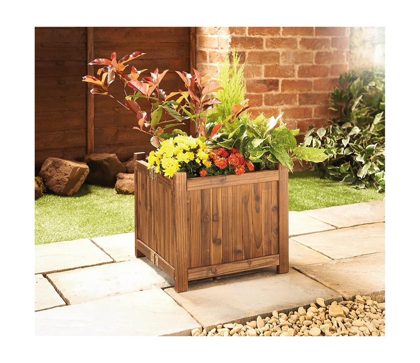 spot on dealz® Wooden Square Free Standing Planter Outdoor Display Flower Ornament Lawn Porch Decor Wooden Design Decorative Garden Feature