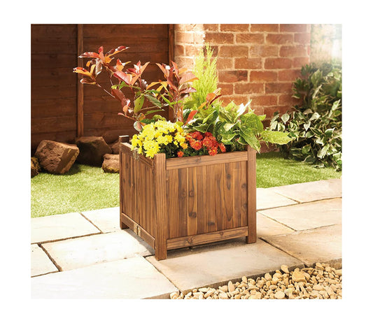 spot on dealz® Wooden Square Free Standing Planter Outdoor Display Flower Ornament Lawn Porch Decor Wooden Design Decorative Garden Feature
