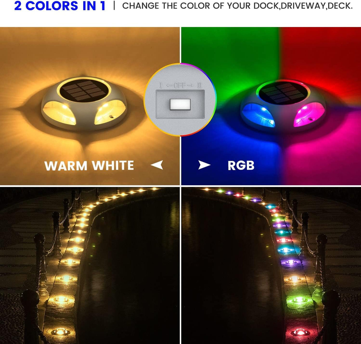 Siedinlar Solar Deck Lights Outdoor Solar Powered Decking Lights Waterproof Solar Ground Lights Solar Lights Outdoor Garden for Pathway Driveway Step Dock 4 Pack (Warm White/RGB Changing)