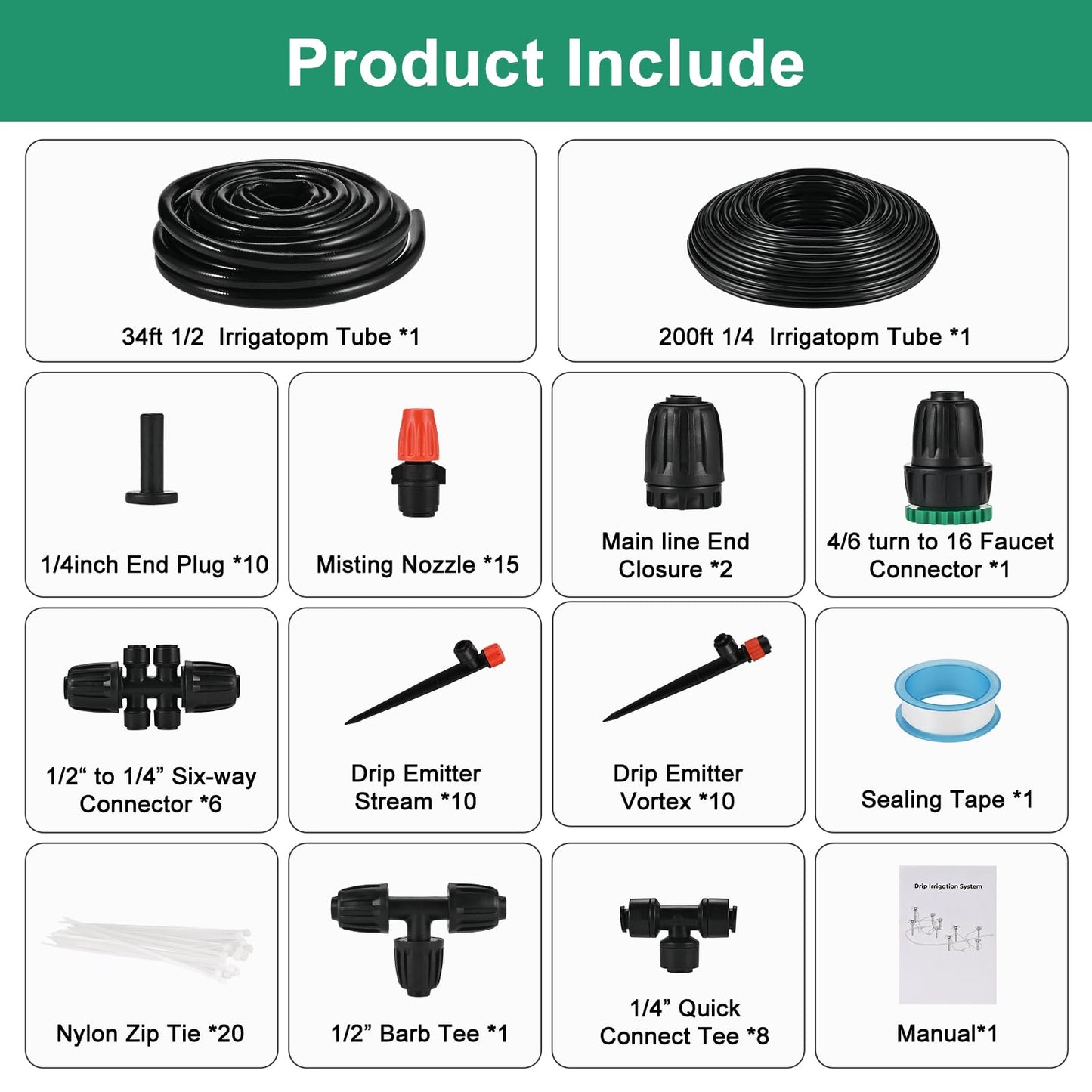 234FT/71M Irrigation System Kit, Faburo Quick Connector Automatic Garden Watering System for Outdoor Plants, 1/4'' - 1/2'' Tubing DIY Greenhouse Drip Irrigation Kit for Lawn, Flower Beds, Patio