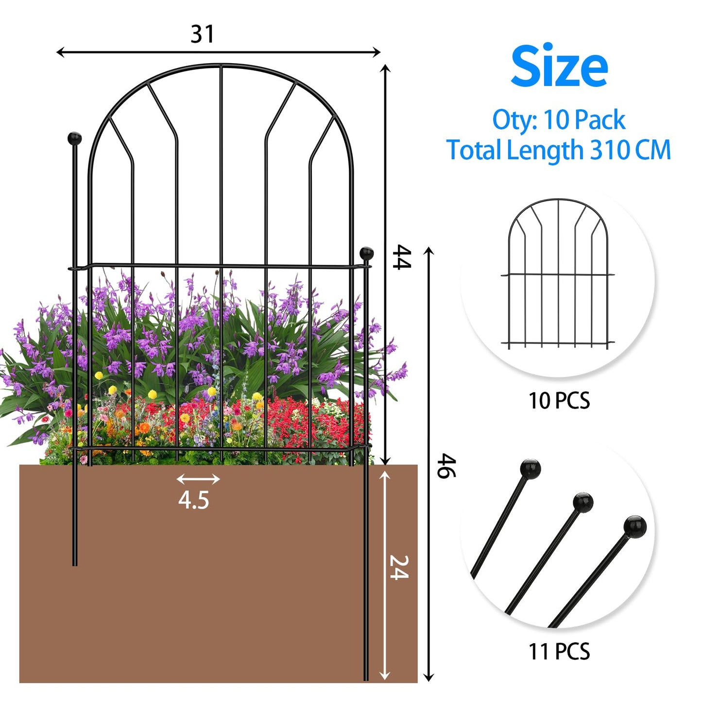 zycBernoi New Garden Fence Animal Barrier, 310 CM (L) x 44 CM (H) Arched Rustproof Metal Fence No Dig Border Fence, Ground Stake Animal Barrier Fence for Rabbit Dog, Outdoor Decor for Yard & Patio