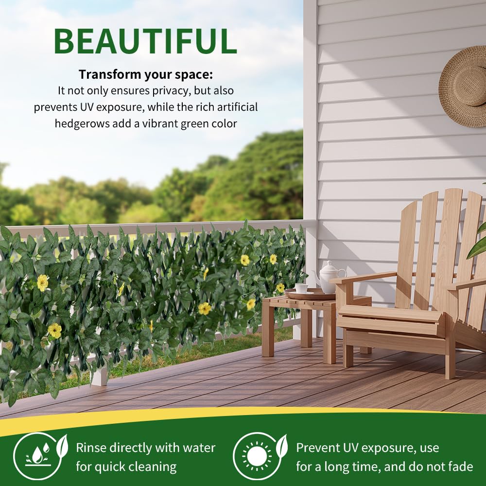 Expanding Garden Trellis Panels Expandable Garden Fence Screening with Flower | Expandable Fence Privacy Screen | Faux Ivy Privacy Screen | Garden Greenery | Balcony - 200x30cm (Yellow Flower)