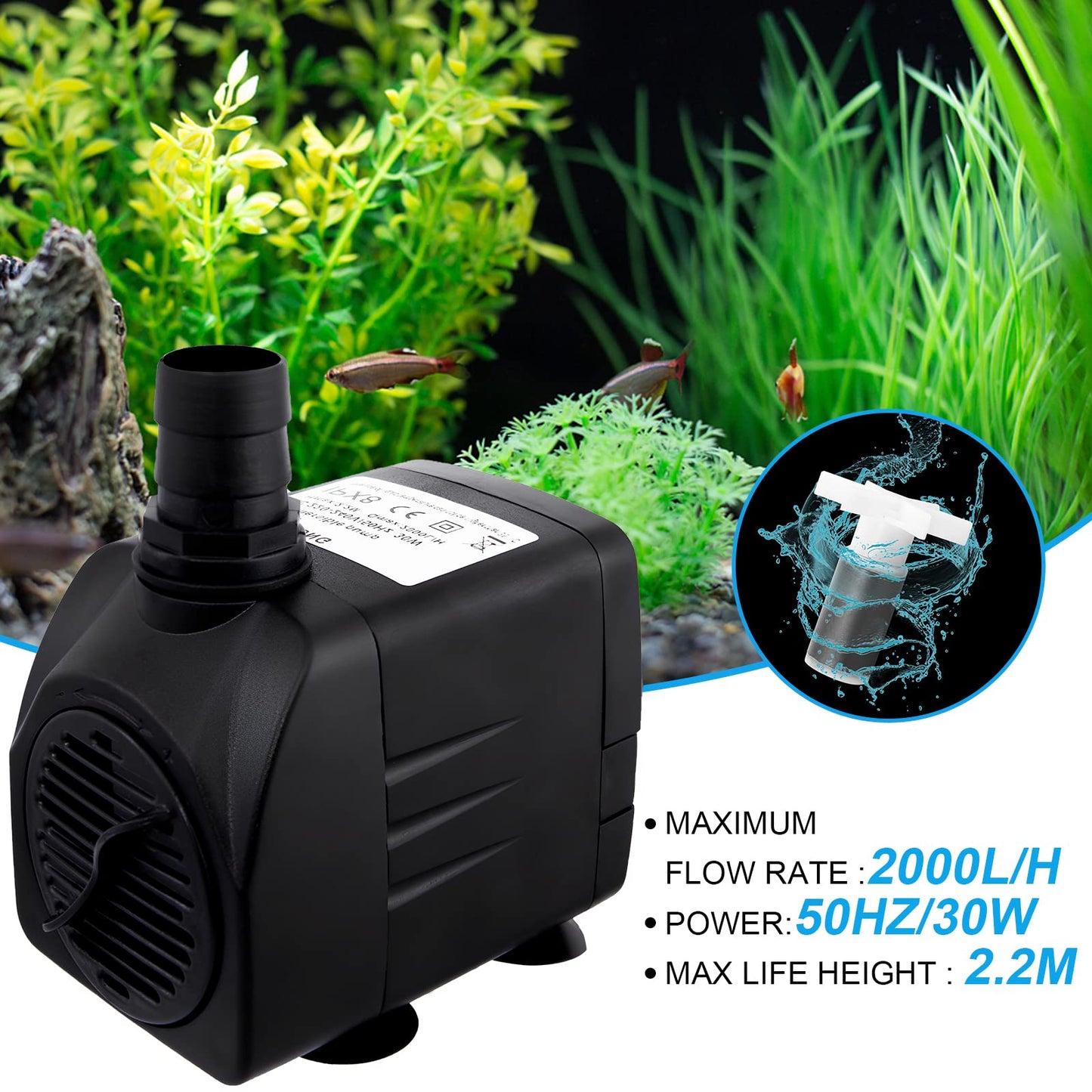 Awroutdoor Submersible Water Pump, Ultra Quiet Water Feature Pump(30W,2500L/H) for Aquarium, Fish Tank,Pond,Hydroponics, Statuary, with 4 Strong Suction Cups, Adjustable Water Volume (13/16/19/25 mm)