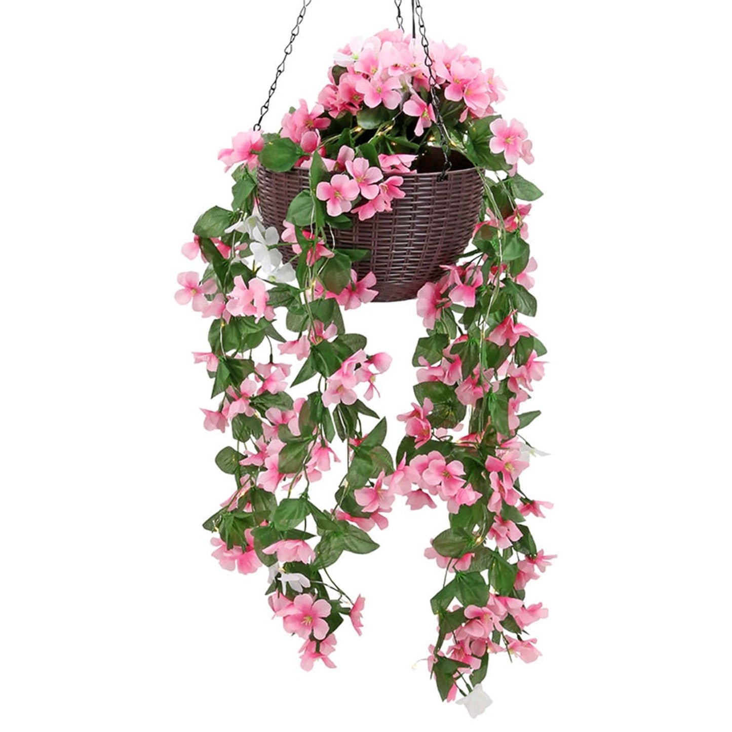 Taylor & Brown Solar Powered Artificial Floral Outdoor Hanging Basket With 80 LED's Brown Rattan Effect Planter for Patio Lawn Garden Landscape Décor with Chain