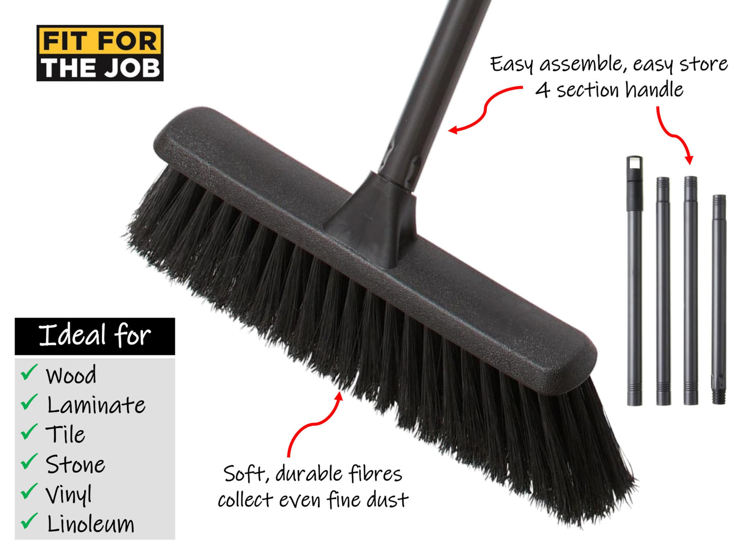 Fit For The Job Soft Indoor Sweeping Broom, Soft Broom Ideal For Laminate, Vinyl, Wooden Floor, Tiles, Soft Floor Brush, Indoor Sweeping Brush with Handle