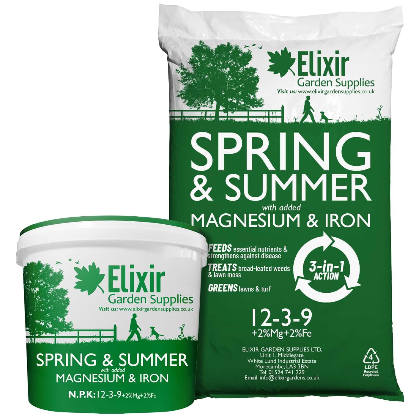 Elixir Gardens UK Spring & Summer Lawn Food/Feed & Granular Compound Turf Fertiliser with added Iron - Magnesium | 1kg-25kg Weights | NPK:12-3-9 - 2% Fe & 2% MgO | 5kg Tub Treats 200m²