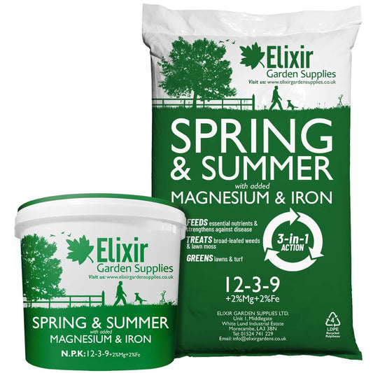 Elixir Gardens UK Spring & Summer Lawn Food/Feed & Granular Compound Turf Fertiliser with added Iron - Magnesium | 1kg-25kg Weights | NPK:12-3-9 - 2% Fe & 2% MgO | 5kg Tub Treats 200m²