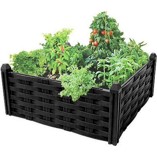 Raised Flower Bed Garden Fence Lawn Edging Rattan Effect Pot Vegetable Planter, Outdoor Usage, Black 4 Piece