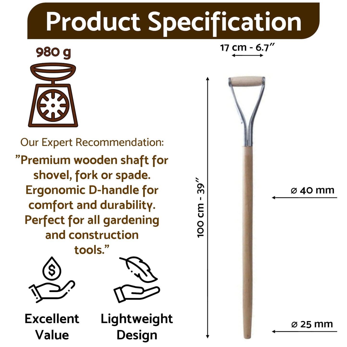 D Type Shaft Handle to suit Shovel, Spade or Fork (100 cm / 39 in Long) Metal Replacement Spare Part