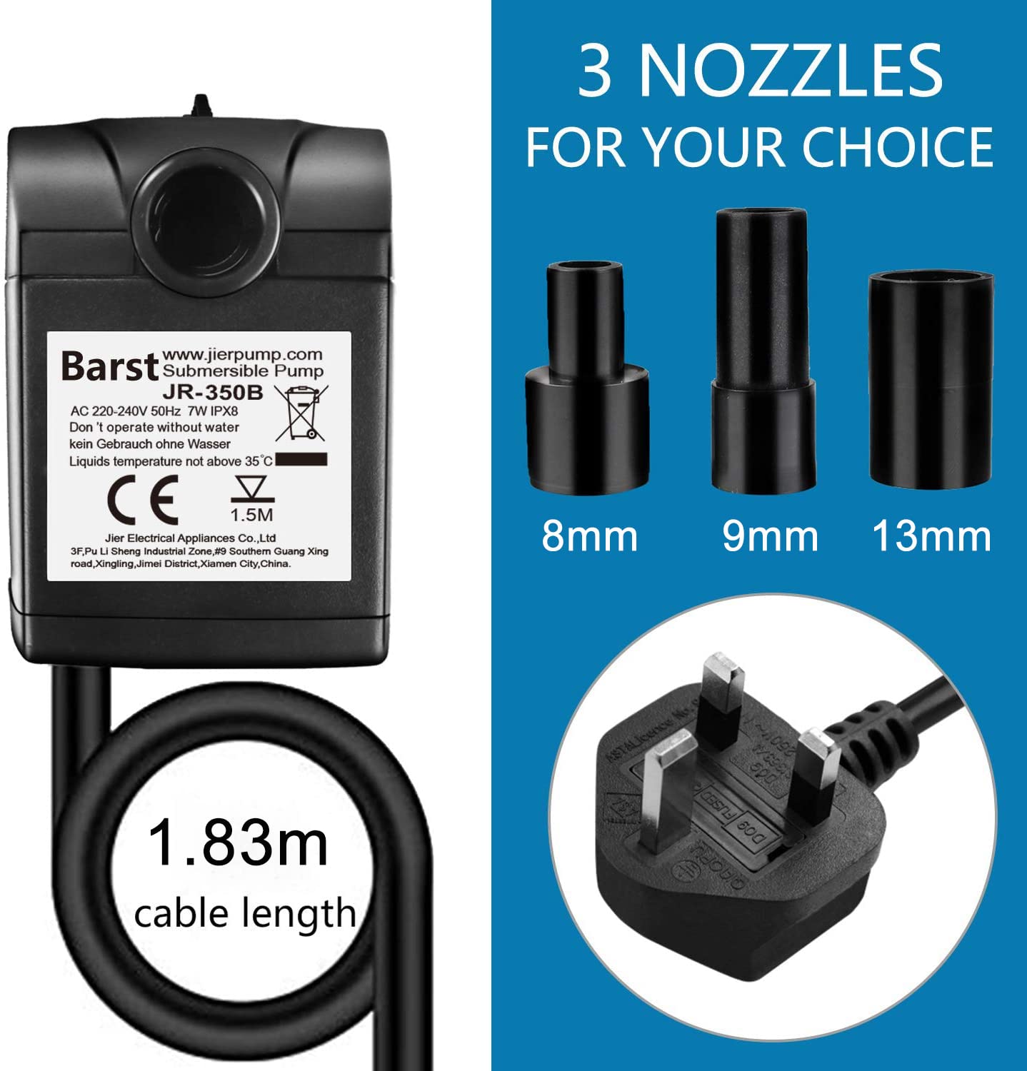 BARST - 350L/H Submersible Pump - Ultra Quiet Water Pump (7W) with 4 Strong Suction Cups and 3 Nozzles - for Aquariums, Ponds, Hydroponics, Water Fountains