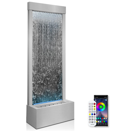 LONGRUN 48 Inch Large Indoor Water Feature, Decorative Waterfall and Fountain for Home or Garden, Multicolor LED Light Controllable by APP, Freestanding Floor Mirror