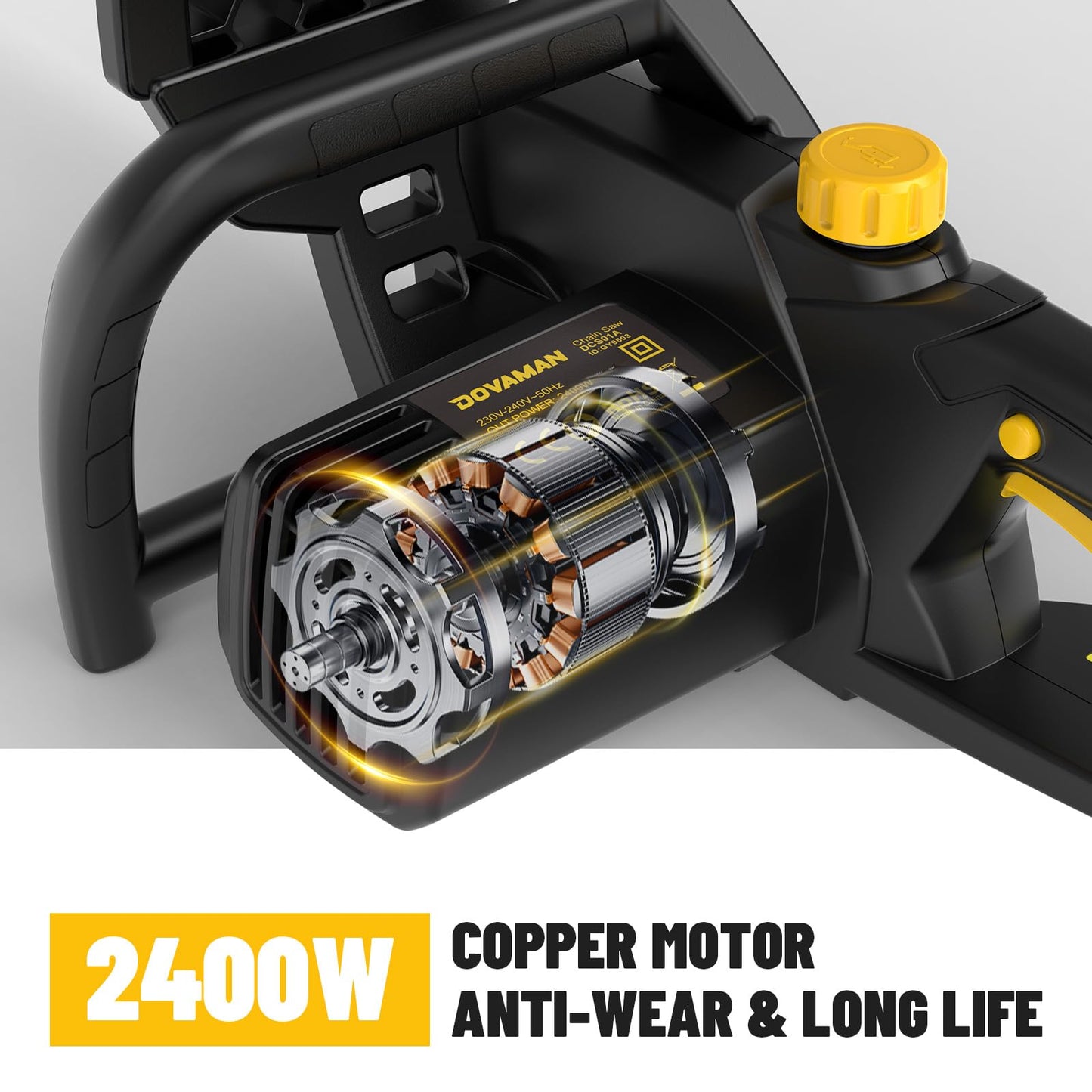 DOVAMAN 2400W Electric Chainsaw, One-Step Tool-Free Tensioning, 16 Inch Oregon Bar and Chain, 15m/s Chain Speed, 6m Power Cable, Auto Chain Lubrication, Powerful Chainsaw with Two Chains - DCS01A