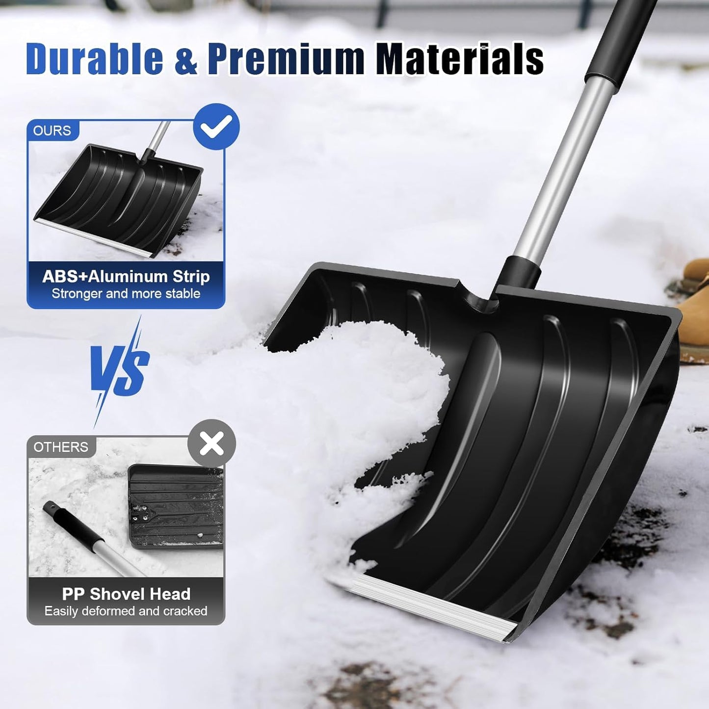 Hmseng Large Snow Shovel for Car Driveway, Lightweight Adjustable Portable Snow Shovel,D Shaped Handle design, for Garden, Camping, Snowman Playing and Emergency-Black