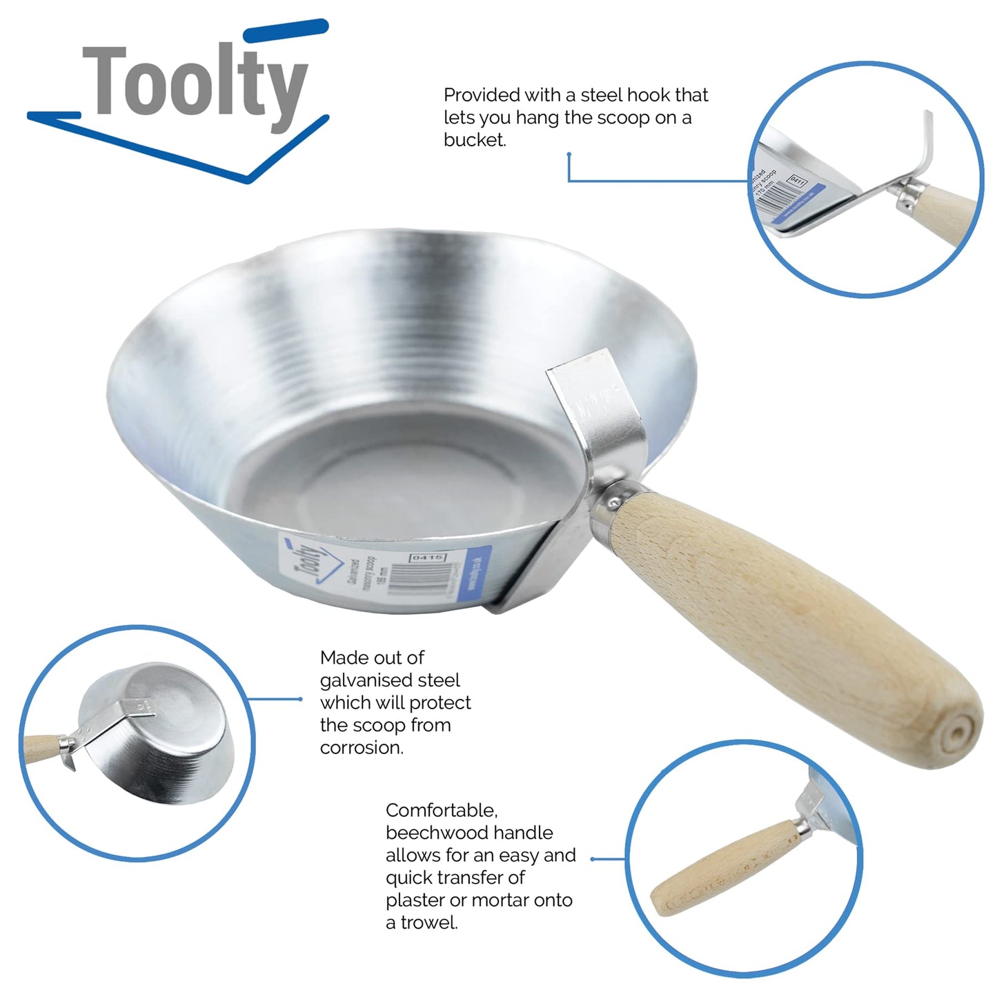 Toolty Masonry Scoop, Construction Pan - 170mm (6.69") - Wooden Handle - Galvanized Steel - Plaster, Water, Hand Tools, DIY - TLTY-0411