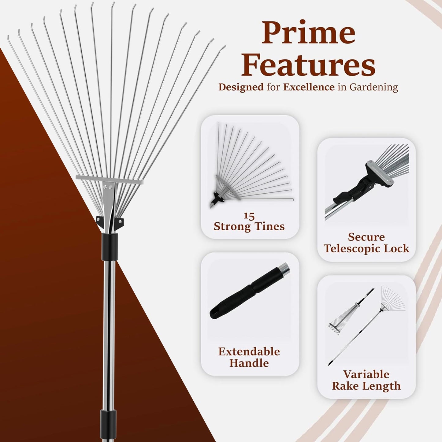 ZENO Garden Rake 25 Tines | Rake for Gardening | 31-67 Inch Adjustable Rakes for Lawns, Artificial Grass & Moss | Heavy Duty Metal Tines & Comfortable Handle | Collapsible Garden Rakes | Silver