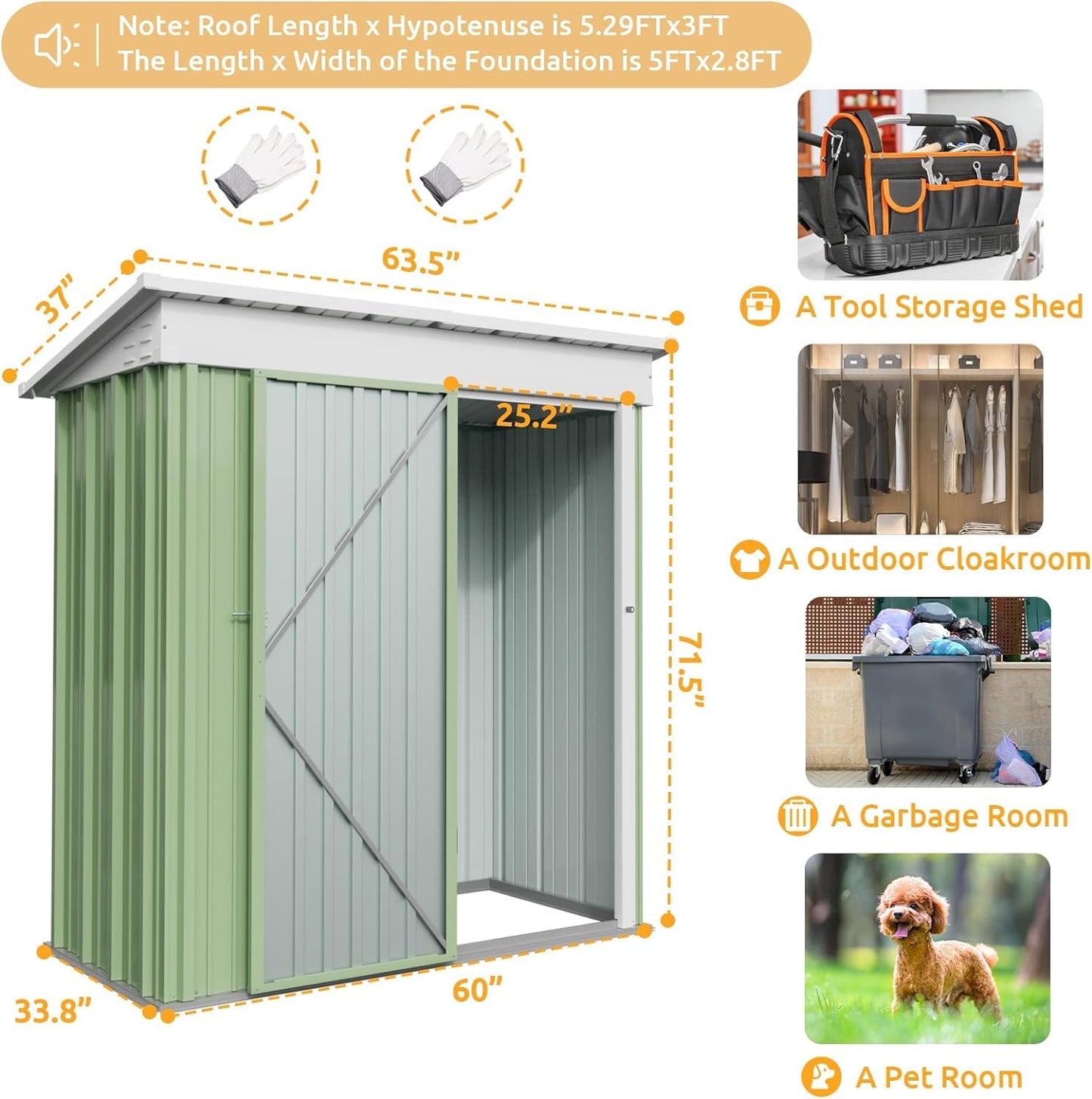 UDPATIO Metal Shed 5x3 FT Outdoor Storage,Garden Storage Shed for Firewood,Garbage Can,Tools,Lawnmower,Bike Shed Waterproof Log Store for Backyard Patio,Galvanized Steel with Lockable Door, Green