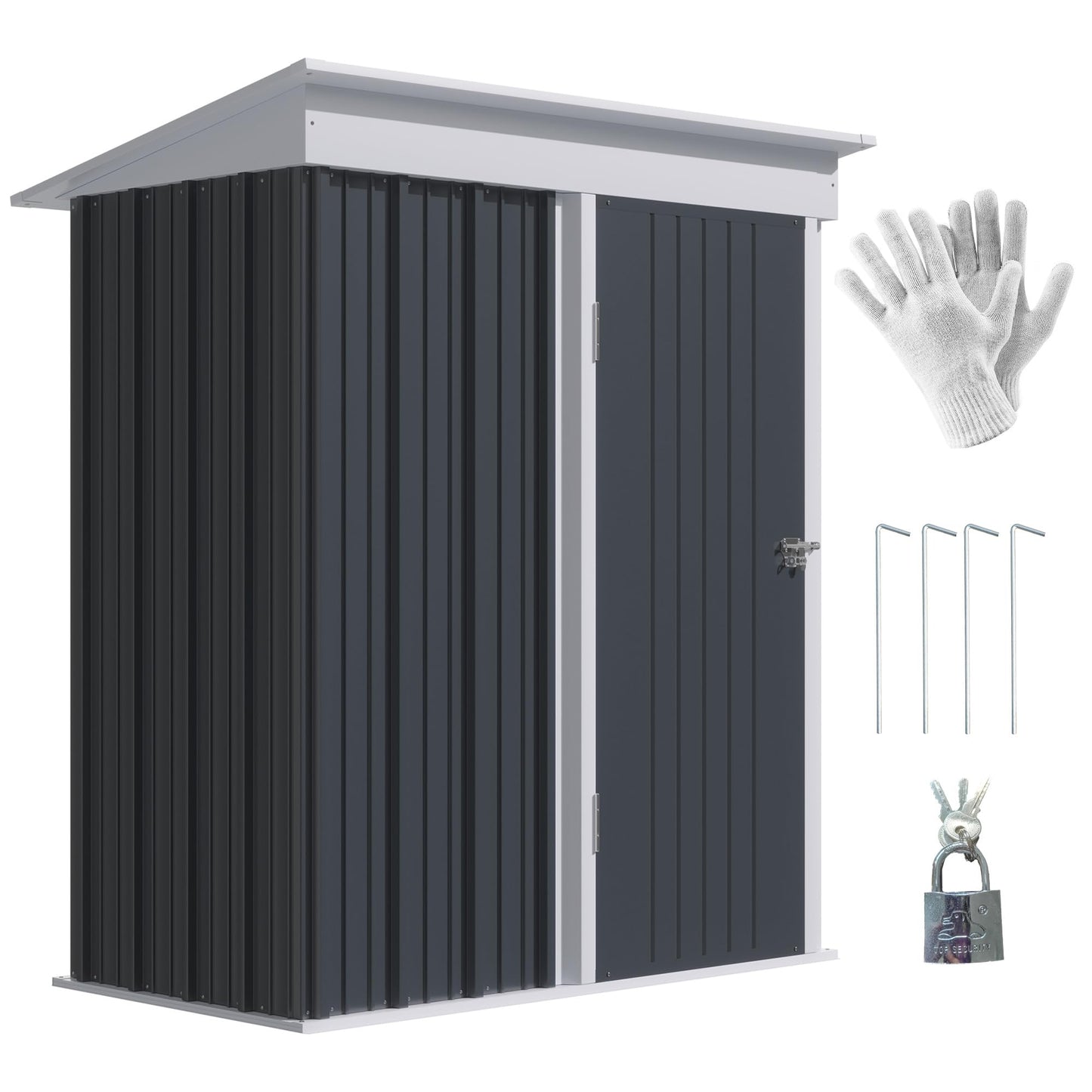 Outsunny 5x3ft Garden Shed, Steel Small Shed, Outdoor Lean-to Shed with Adjustable Shelf, Lock and Gloves for Patio, Garden, Dark Grey with Foundation Kit