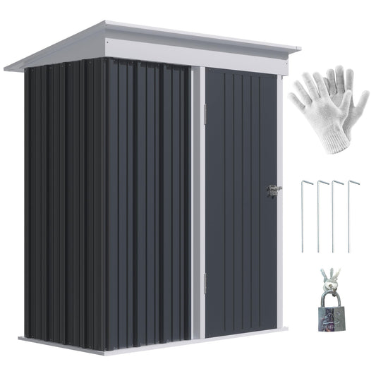 Outsunny 5x3ft Garden Shed, Steel Small Shed, Outdoor Lean-to Shed with Adjustable Shelf, Lock and Gloves for Patio, Garden, Dark Grey with Foundation Kit