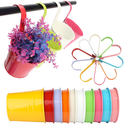 KINGLAKE 10Pcs 10cm Metal Hanging Plant Pots with Detachable Hook, Colored Fence Flower Pots Garden Hanging Planter Bucket Flower holder for Balcony Fence Railing Garden Home Décor