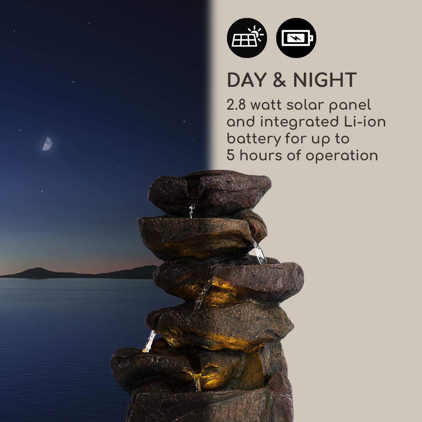 blumfeldt Savona Solar Fountain - Water Feature, Includes Solar Panel, Power: 2.8 Watts, Lithium-ion Battery (Approx. 5h Running Time), LED Lighting, Material: Polyresin, Frost-Resistant, Stone Look