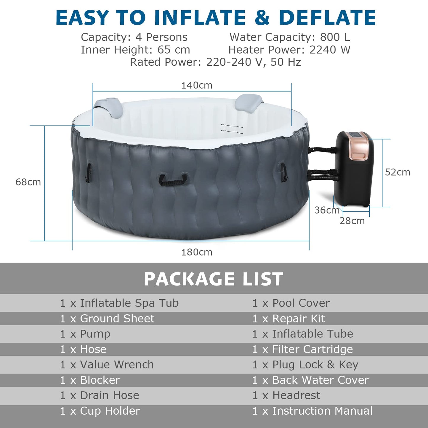 COSTWAY 4-6 Person Hot Tub Spa, 108 AirJet Massage System Outdoor Inflatable Hot Tubs with Headrest, Drink Holder, Pool Cover and Ground Sheet, Quick Heating Smart Filtration Round Hottub (Grey)