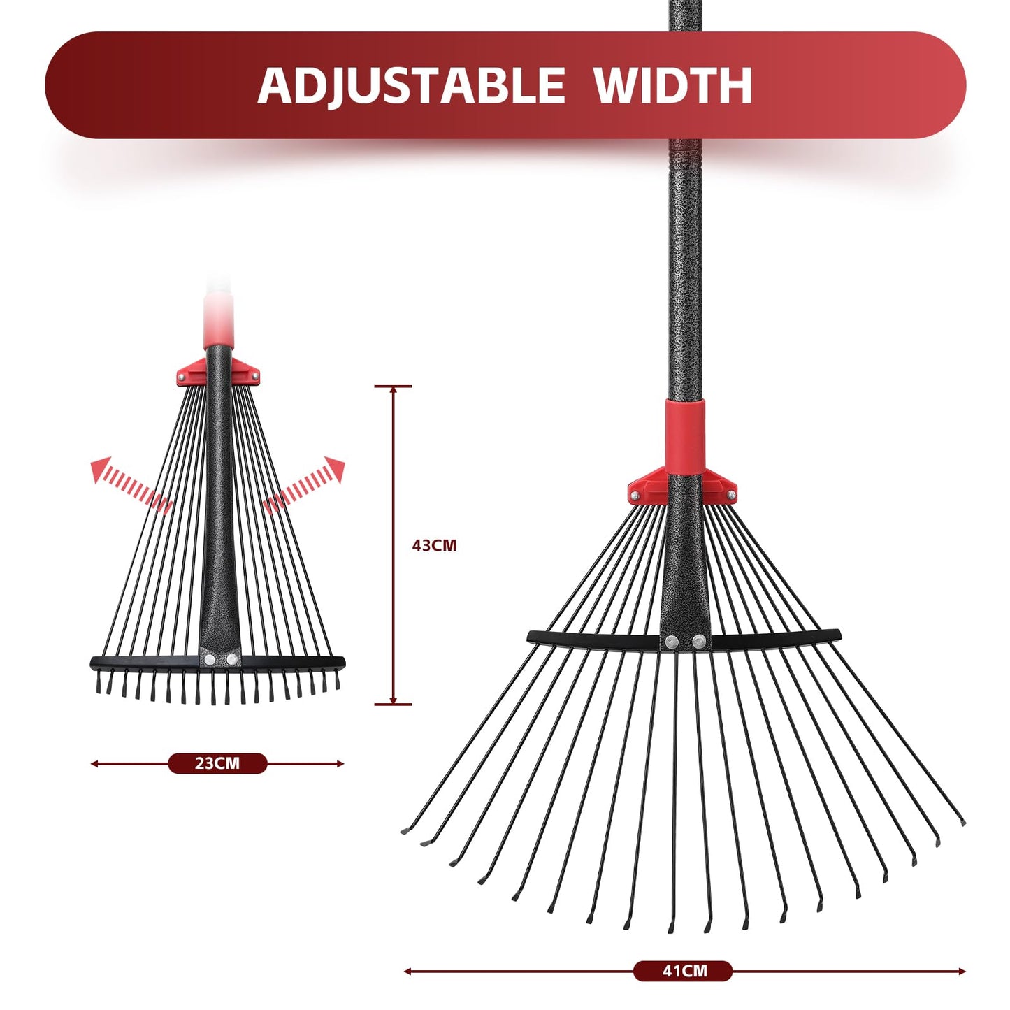 Garden Leaf Rakes for Lawns Heavy Duty, 23-41 cm Adjustable Rake Head, 82-192 cm Adjustable Long Handle, Metal Rake Tool for Gardening Camping Clear Collect Leaves Debris, 18 Anti-Rust Metal Tines