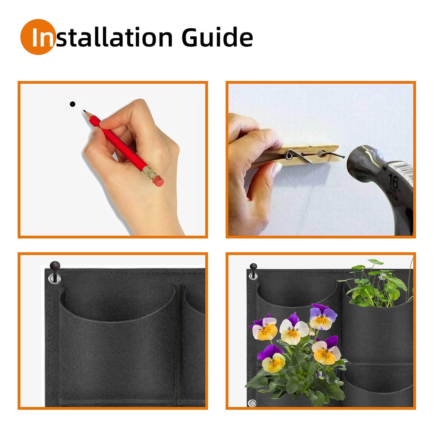 Ohiyoo Hanging Planter 2 Pack 4 Pocket Hanging Vertical Wall Planter Planting Grow Bags Gardening Vertical Greening Flower Container Storage Bags Planting Bag (Black)