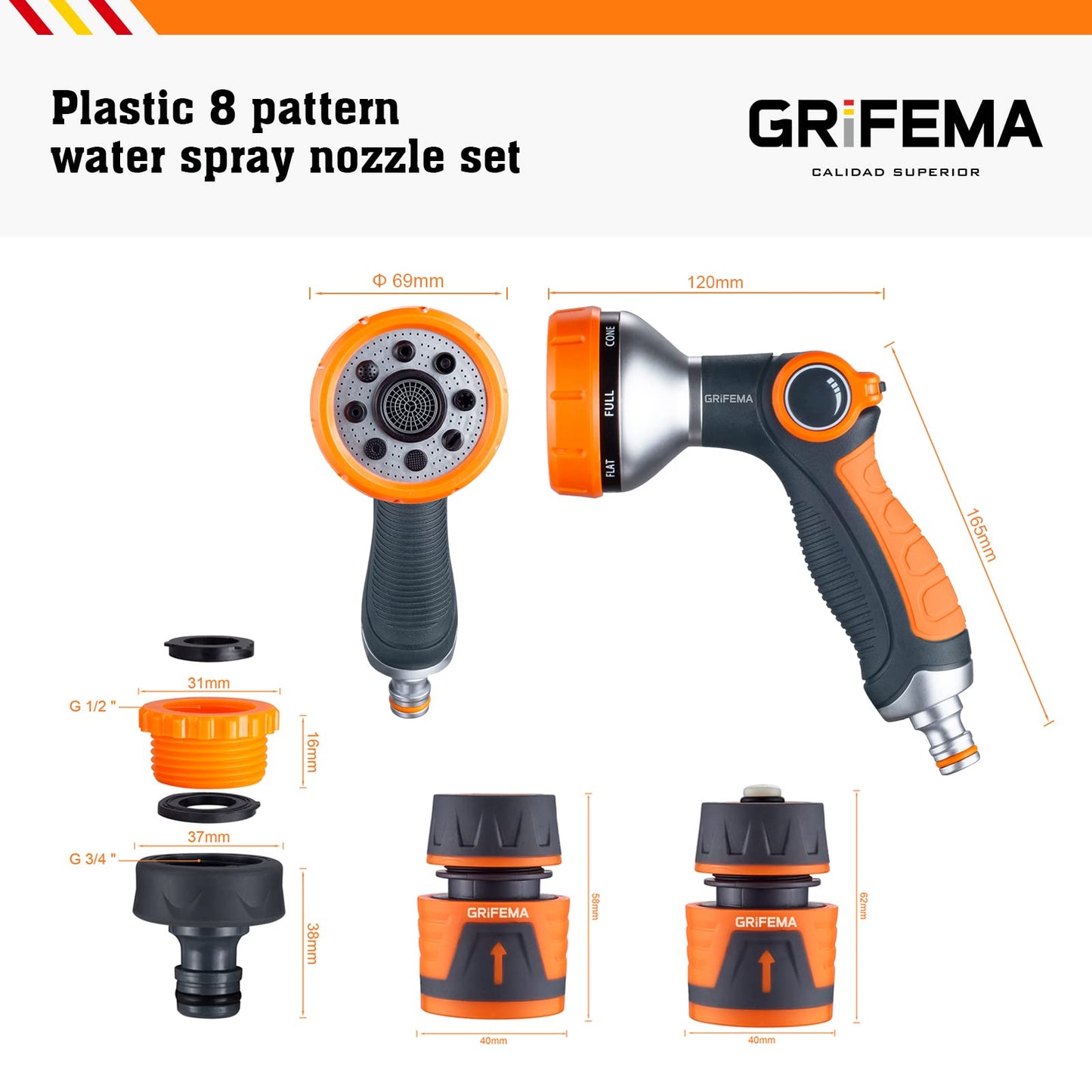 GRIFEMA GE1303-1 Hose Pipe Spray Gun Set, 8 Adjustable Patterns Nozzles, High Pressure Garden Sprayer For Lawn & Garden Watering Equipment Include Hose Connectors, Orange/Black