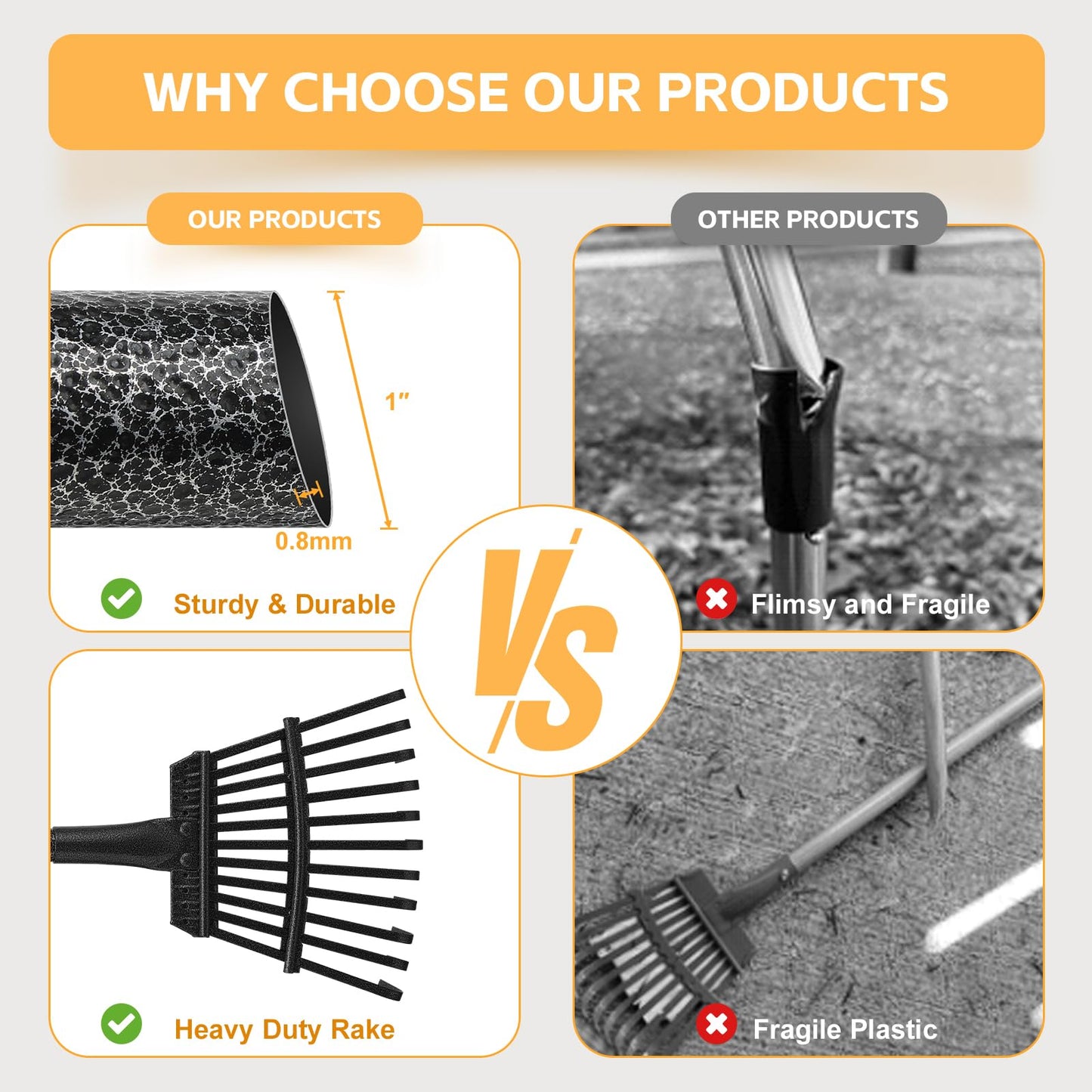 Garden Leaf Rake 6 FT, 21 cm Width, 182 cm Long Heavy Duty Adjustable Steel Handle Shrub Rake for Collecting Debris in Flower Bed, Lawn, Yard