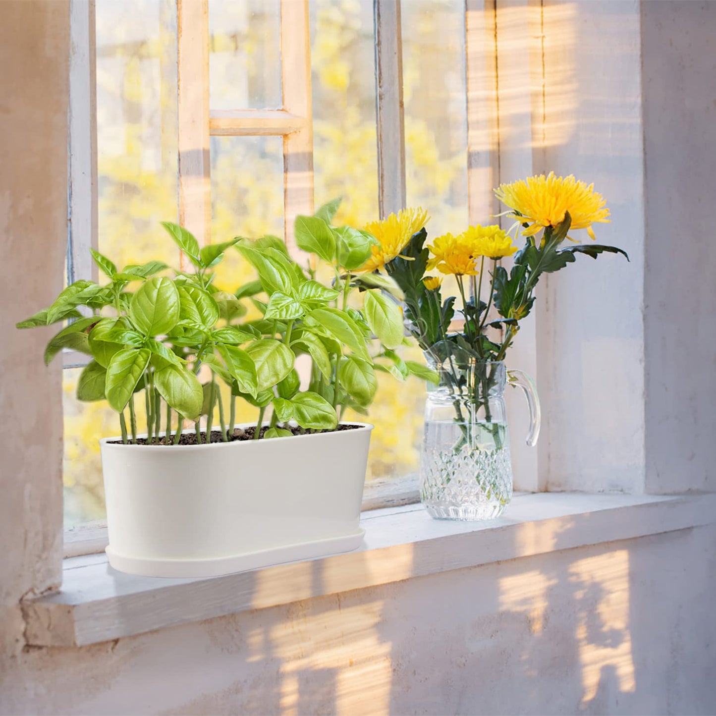 SYITCUN Window Planter Box Indoor 5 Sets,Plant Window Box with Tray,Rectangle Planter Small with Drain Hole,Plastic Plant Pot for Home Garden Modern Decorative Window Planter Box