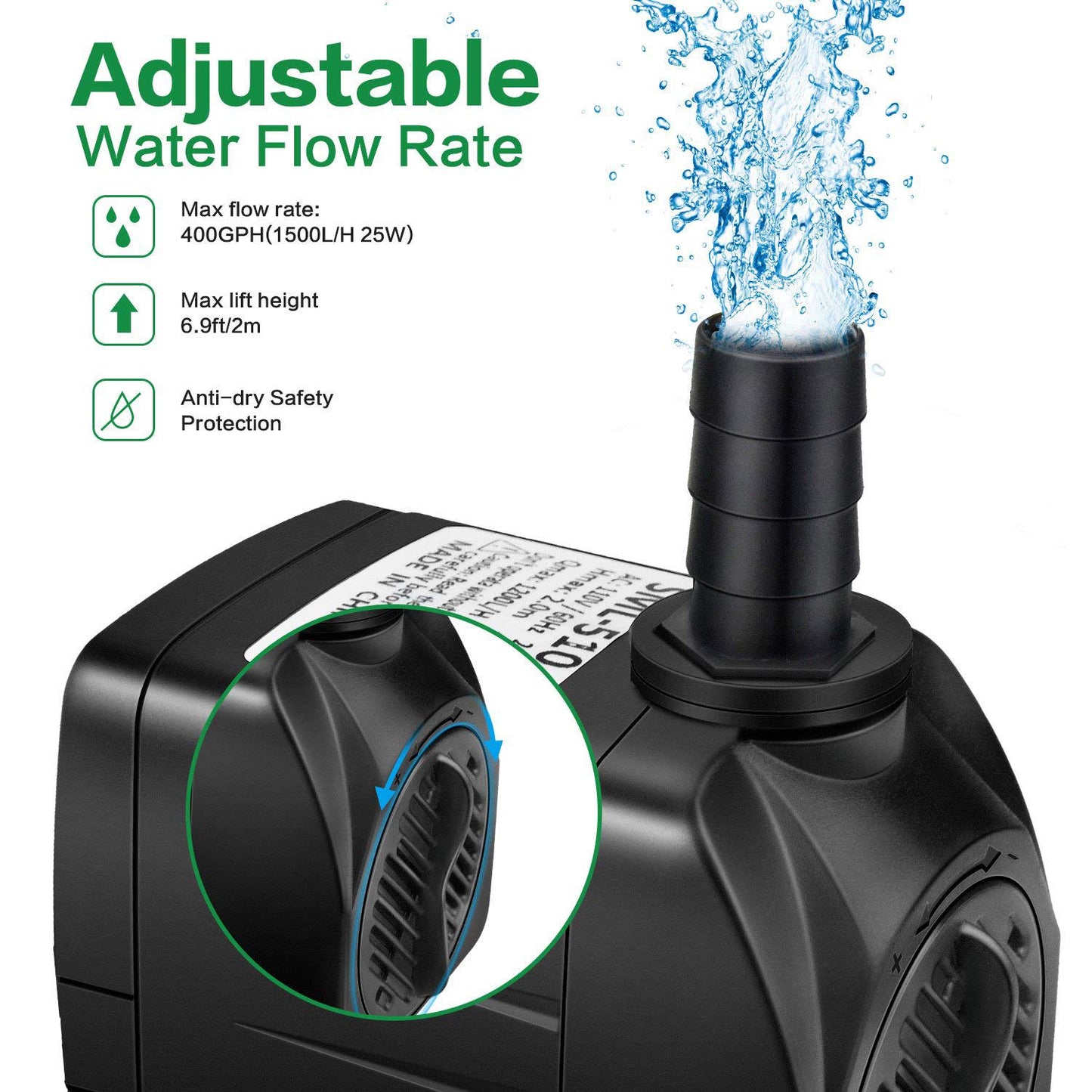 Powcan Water Pump Submersible Water Pump 400Gph 1500L/H Ultra-Quiet 25W Fountain Pond Aquarium Fish Tank Pump with 48 Hours Anti Dry Burning, 6.9ft(2.1m) High Lift, 6.56ft(2m) Power Cord, 2 Nozzles