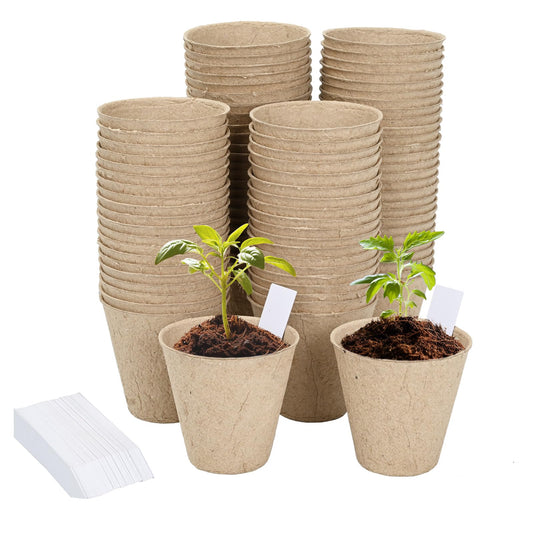 Cymax 100 Pack 8cm Round Fibre Biodegradable Pot Seed Seedling Pot with 100pcs Plastic Plant Lables, Biodegradable Herb Plant,Flower,Seed Starter Pots Kits, Garden Biodegradable Nursery Pot