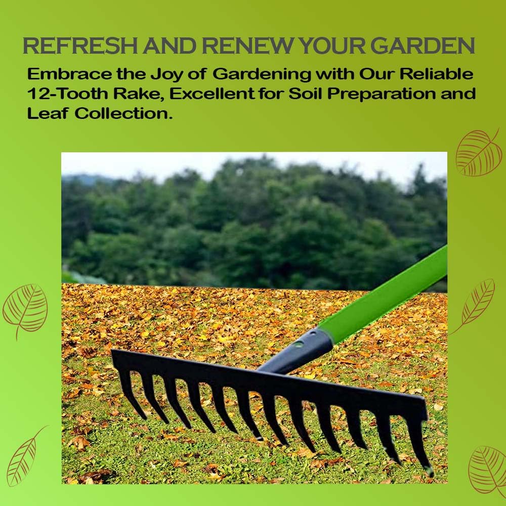 KKTECH Carbon Fibre Garden Rake for Soil - Long Lasting, Durable, Lightweight, 12-Tine Metal Rake Head - Heavy Duty Garden Rake for Gardening - Green (120 x 32 x 9 ) cm
