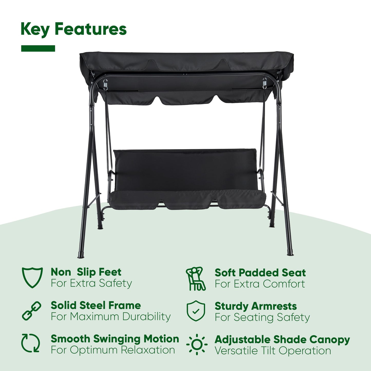 Outdoor Garden Swing Bench with Padded Seat and Water Resistant Shade Canopy 3 Seat Patio Swinging Bench for Garden Yard Outside