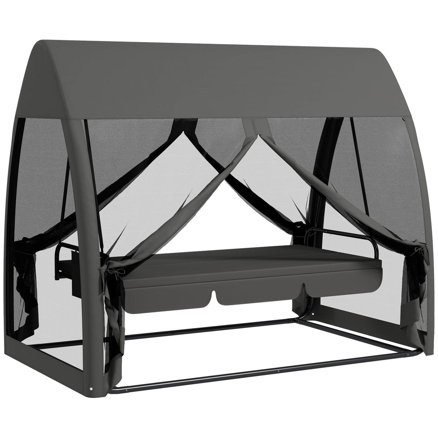 Outsunny 3 Seater Swing Chair 2 in 1 Garden Swing Seat Bed Convertible Outdoor Rocking Bench Bed with Water-Resistant Roof, Zipped Door and Mosquito Netting, Grey